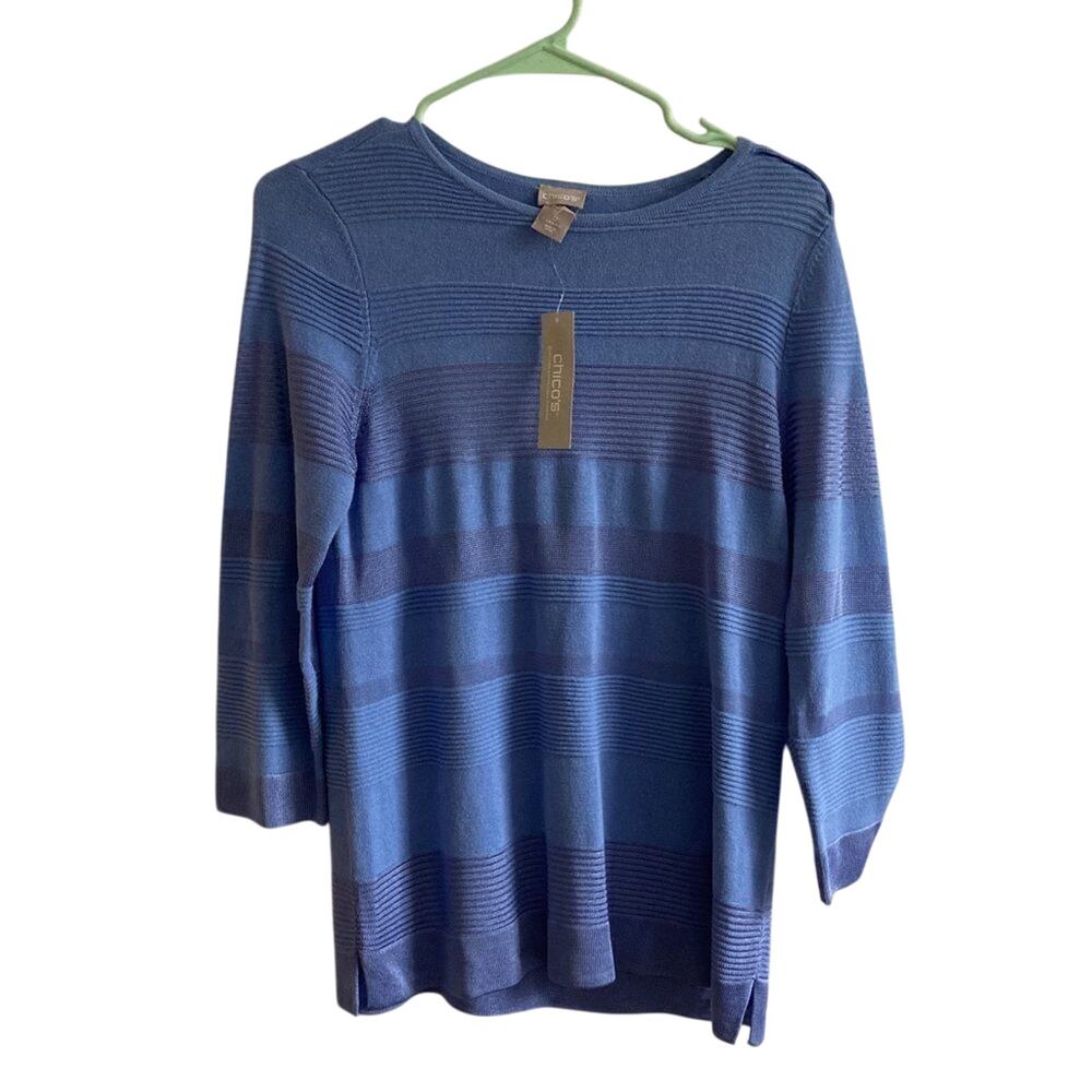 Chico's Striped Old Money Cotton Blue Minimalist Jackie Kennedy Elegant Blouse